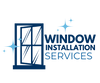 white and blue logo with window